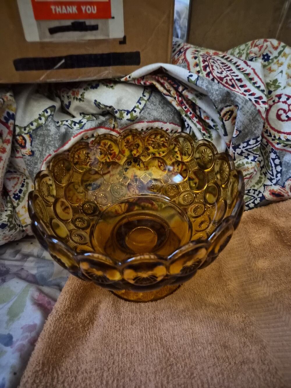 Vintage LE Smith amber Glass Pedesal Candy Dish With Moon And Stars Pattern